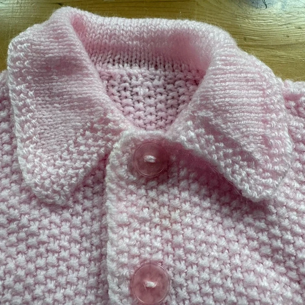 Vintage Grammy Made Pink Knitted Baby Sweater Hidden Snaps Button Placket 9-12M